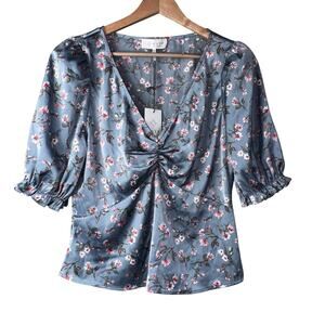 WAYF Dusty Blue Floral Puff Sleeve Top | Size Small | NWT